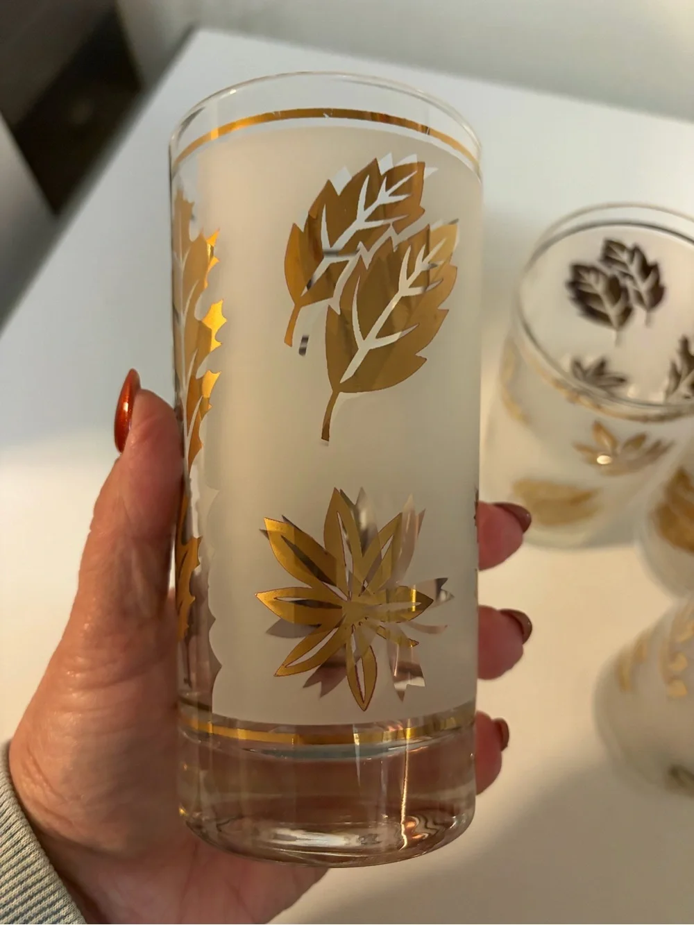 Libbey Golden Foliage Vintage Tumblers Set of 8 Frosted Gold Leaf MCM 1960s